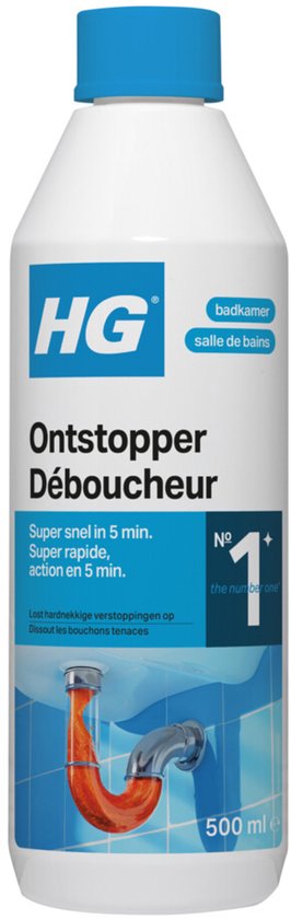 HG Ontstopper: witte fles met blauwe dop. Tekst 'Super snel in 5 min'. Afbeelding van een oranje afvoerbocht.
