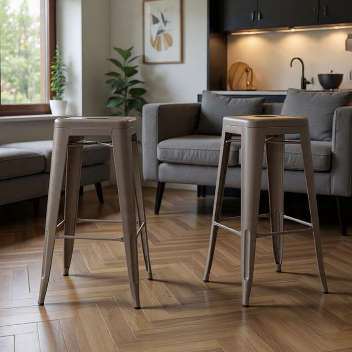 ndustriële Barstoelen Set van 2 – Stapelbare Metaal Barstoelen met Voetensteun – Hoogwaardige Bistro Stoelen 76 cm Zithoogte – Duurzaam Poedercoat Design – Perfect voor Keukeneiland, Bar, Café of R...