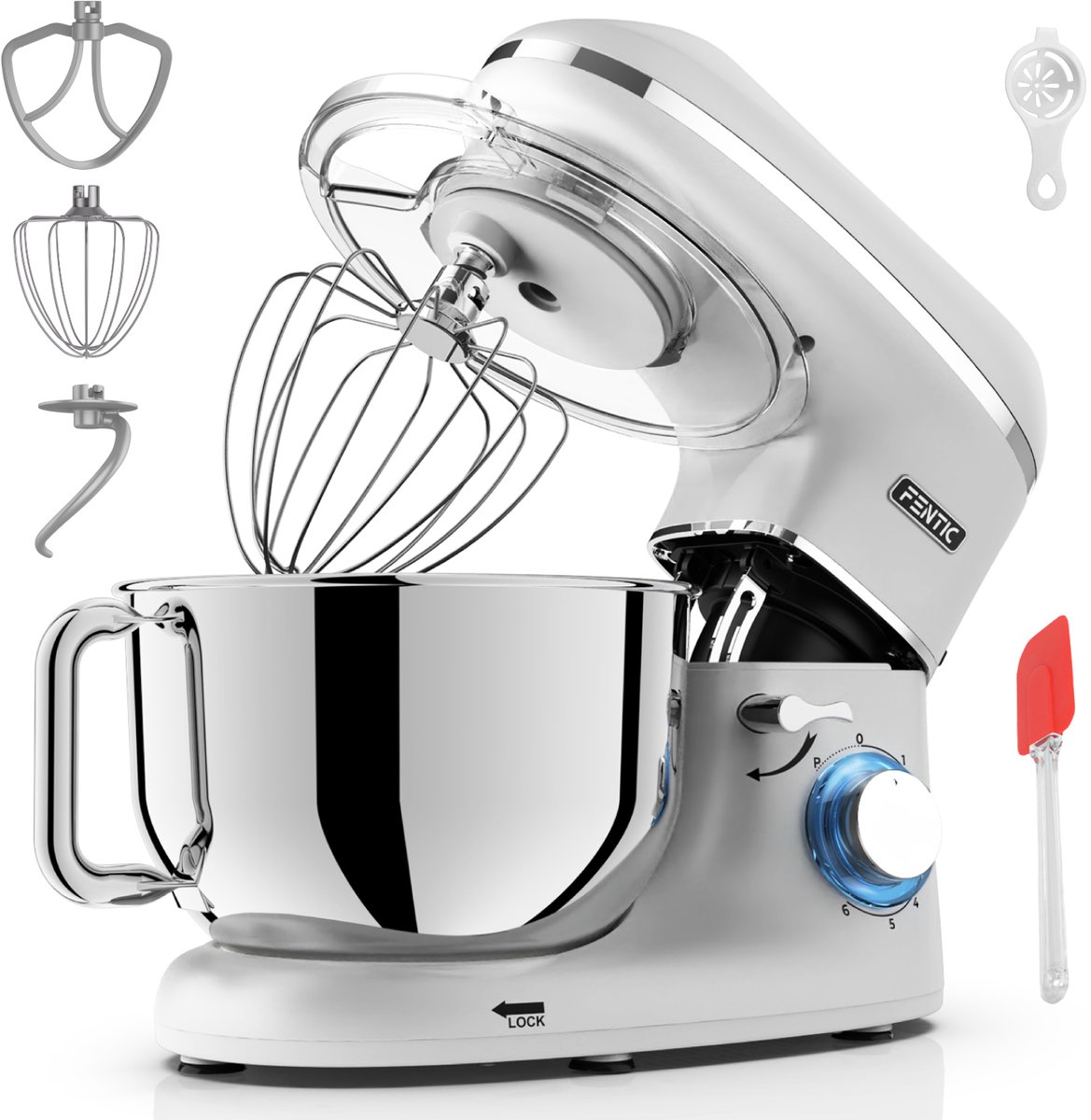 Fentic Keukenmachine - 2000W - RVS Mengkom (6,2 L) - Keukenrobot - Foodprocessor - Mixer met Garde, Deeghaak en Menghaak - Incl. extra Accessoires - Zilver