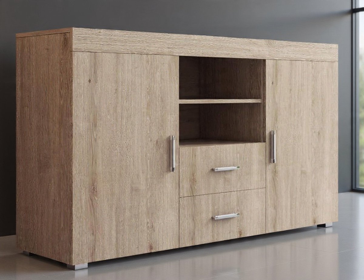Modern dressoir Roque | breedte 140 x hoogte 80 x diepte 40 cm | mat melamine | 2 deuren & 2 laden | Sonoma-NoviHome