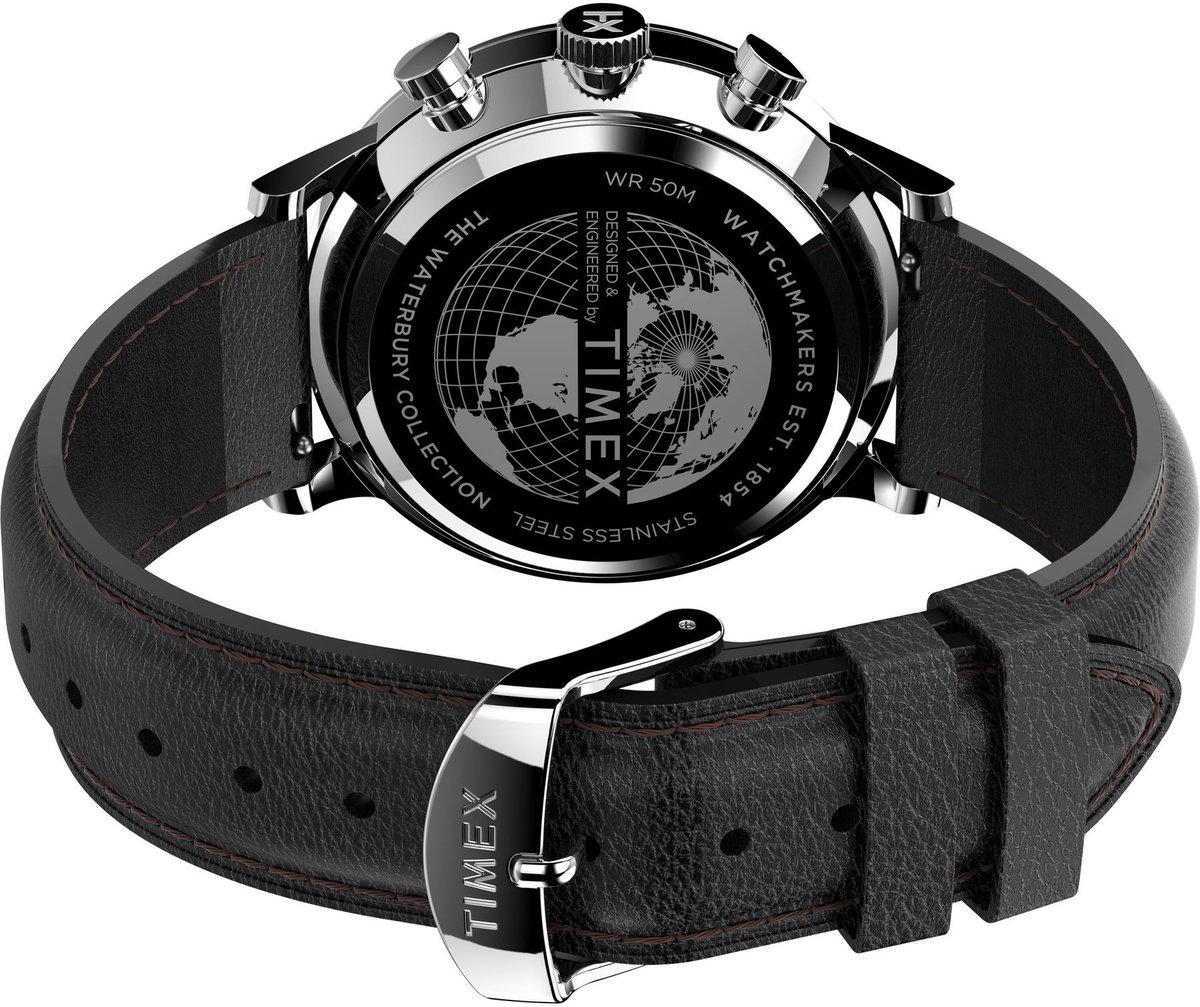 Timex Waterbury Classic Chronograph Quartz Analoog Horloge Zwart Behuizing Gemaakt Van 100% Roestvrij Staal En Een Armband Van 100% Leer 20 mm TW2U88100AJ
