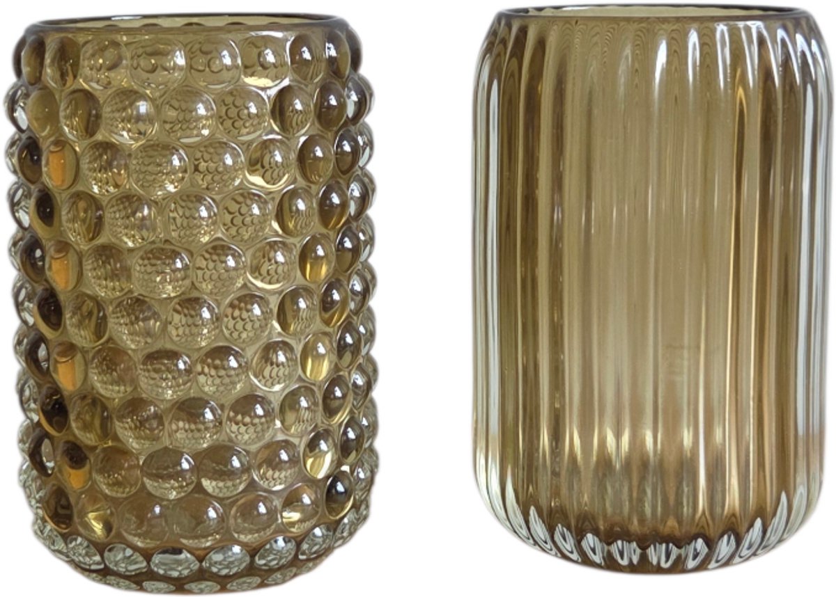 Daan Kromhout - Waxinelichthouders - Set van 2 - Stevig Glas - Bruin Groen - 9x13cm
