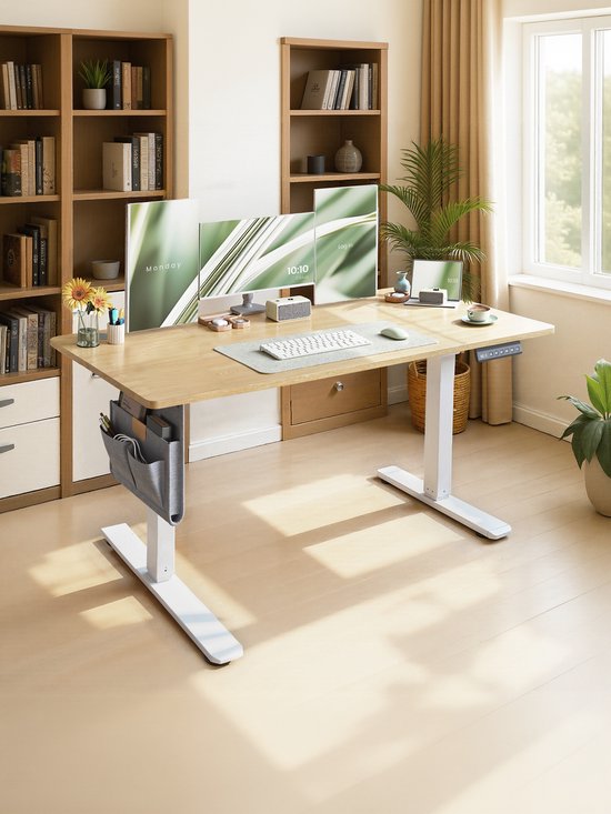 Licht houten zit-sta bureau met witte poten, met opbergvakken en een computeropstelling in een lichte kamer.
