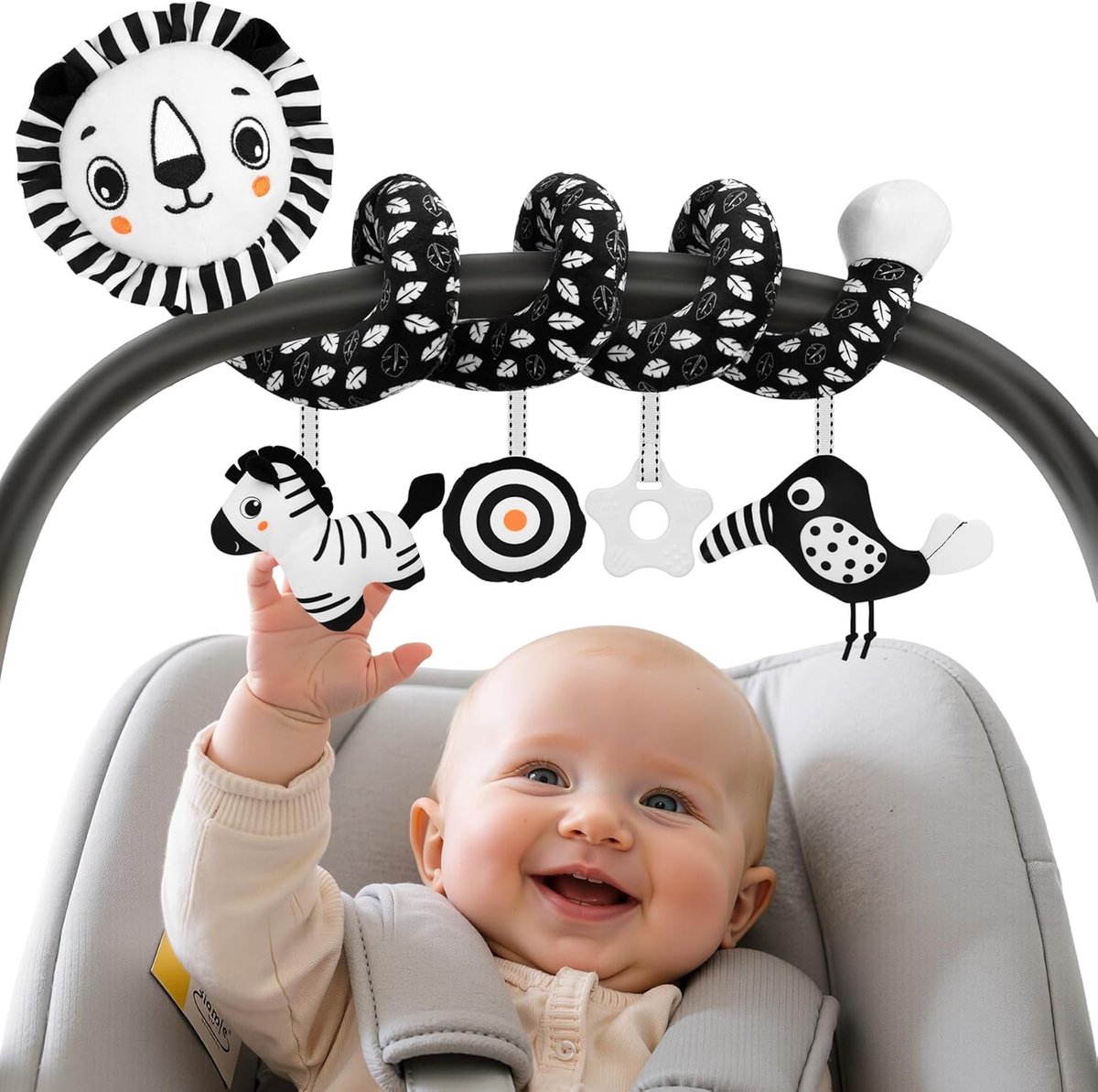 Autostoelspeelgoed voor baby's van 0-6 maanden - Reisspeelgoed voor baby's, zacht hangend speelgoed voor in de autostoel - Spiraalvormig pluche speelgoed met hoog contrast in zwart-wit voor jongens en meisjes