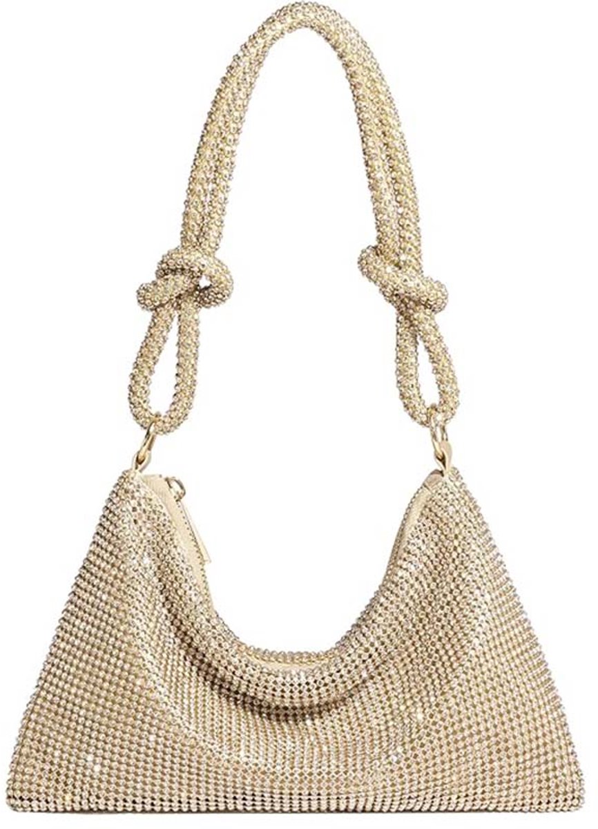 Glanzende dames handtas - Clutch & Schoudertas - Avondtasje voor dames geschikt voor uitgaan en speciale gelegenheden - 26x14cm (Gouden)