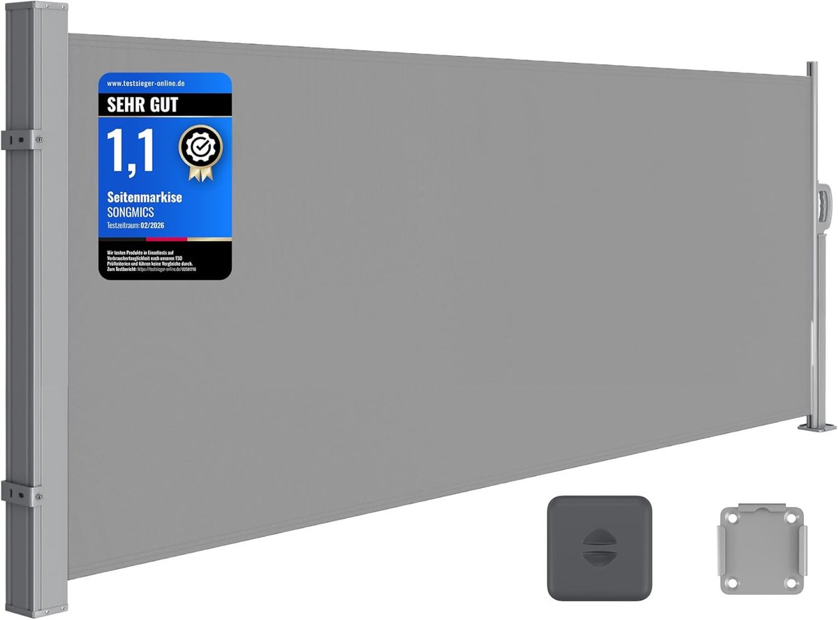 SONGMICS Side Shade, Uitschuifbaar, 140 x 300 cm, Privacyscherm, Zonbescherming, Ondoorzichtige Buitenjaloezieën, Voor Patio, Terras, Tuin, Staal, Grijs GSA143G01