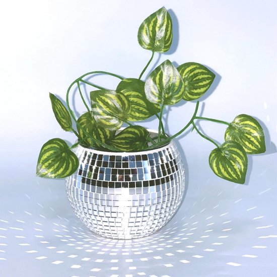Planter in de vorm van een discobal, Vaas voor bloemen, Decoratieve pot voor planten, Spiegelschijf decor voor feestjes, Bar en kantoor (Zilver)