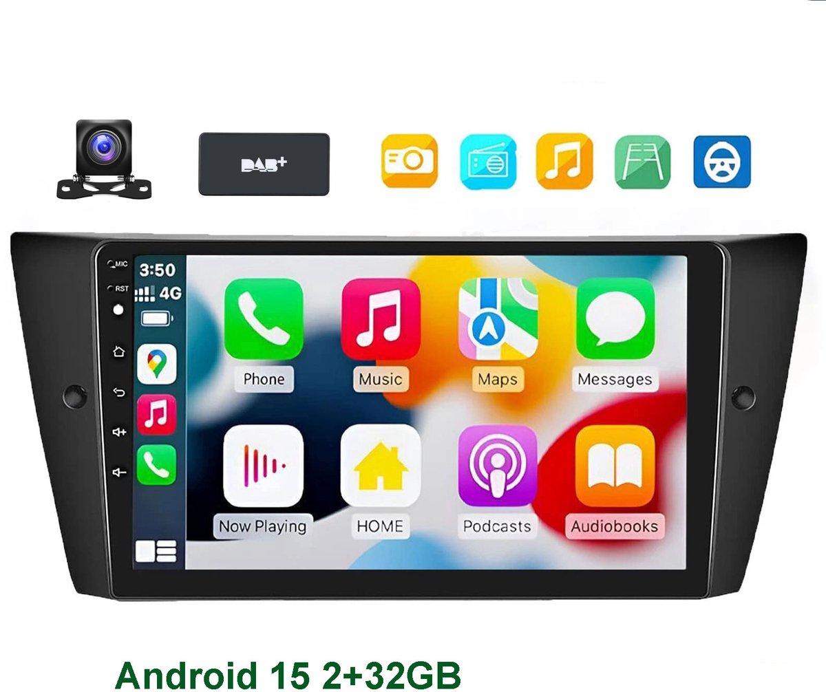 ESSGOO Autoradio met bluetooth - voor BMW 3 serie E90 E91 E92 E93 2005 t/m 2013 - Draadloos Apple Carplay & Android auto - 2GB + 32GB - Bluetooth & Wifi - FM Navigatie - Android 15 - Achteruitrijcamera - DAB+