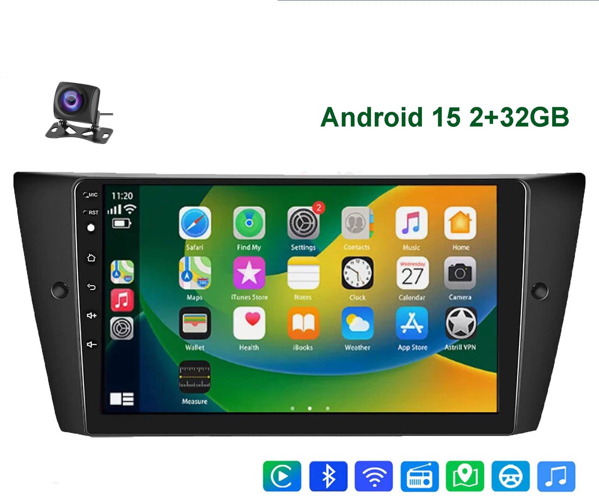 ESSGOO Autoradio met bluetooth - voor BMW 3 serie E90 E91 E92 E93 2005 t/m 2013 - Draadloos Apple Carplay & Android auto - 2GB + 32GB - Bluetooth & Wifi - FM Navigatie - Android 15 - Achteruitrijcamera