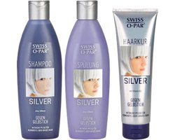 Zilverglans Haaverzorging - Set van 3 - Shampoo, Conditioner & Kur - Swiss-o-par | Anti-vergelingseffect - Combiverpakking 2x250 ml, 1x 150ml | Voor Grijs, Wit en Gebleekt Haar