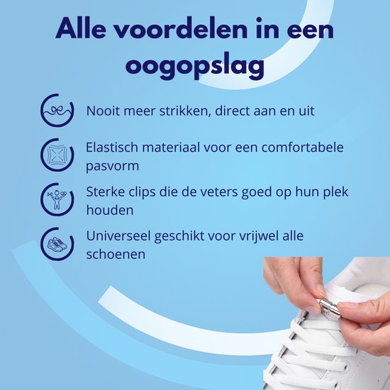 Iconen met tekst: Nooit meer strikken, elastisch materiaal, sterke clips, universeel geschikt.