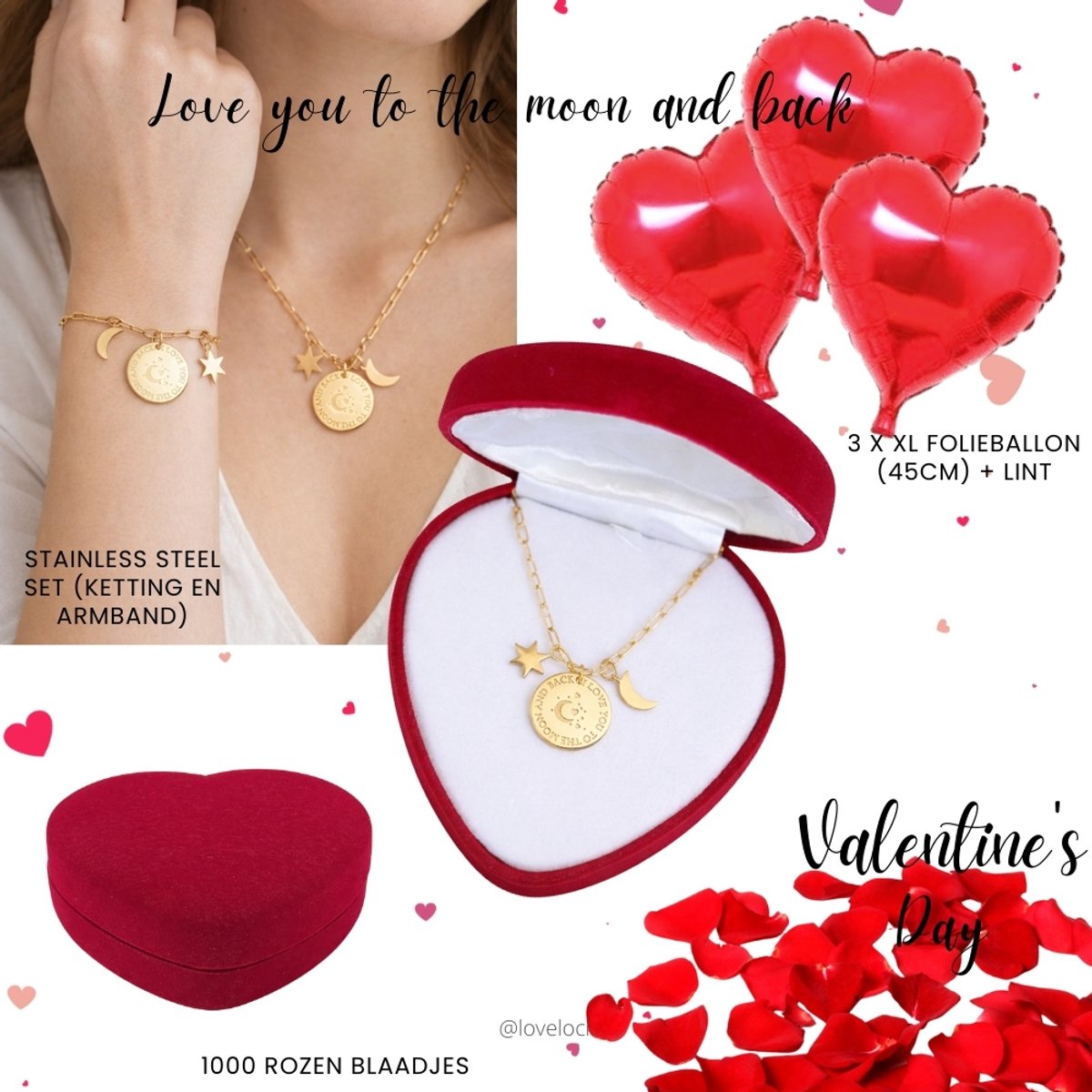 Lovelockers© | Luxe Stainless Steel Set | Valentijn | Armband & Ketting "Love You to the Moon and Back" | Rode Hartjes Sieradendoos | Perfect Cadeau