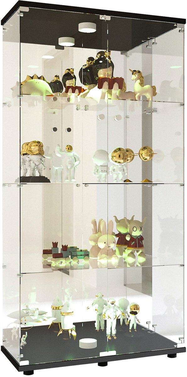 Glazen Vitrinekast met Slot en LED-verlichting – Dubbele Deuren, 4 Legplanken – Veilig Gehard Glas – 80,5x36,5x164 cm – Zwart