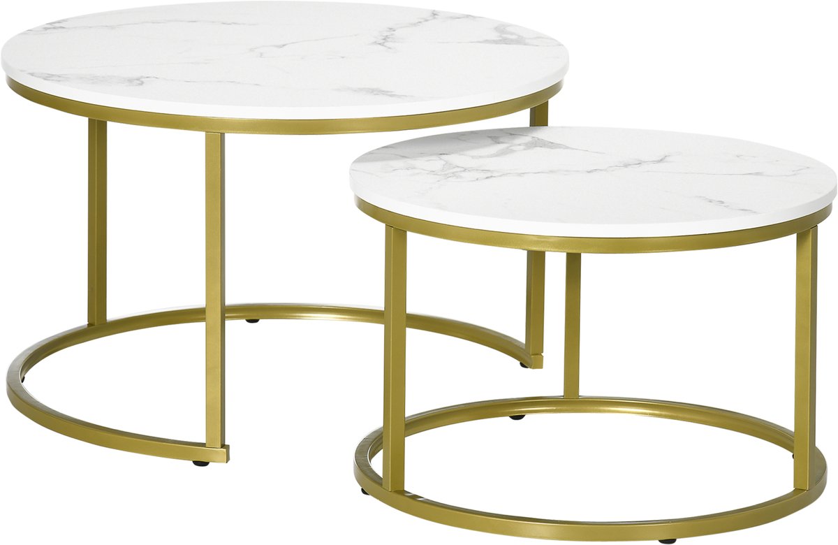 MODFU Salontafel Ø74×46,3 & Ø59×38,5 cm – Set van 2 rond & stapelbaar – Marmerlook wit – Ruimtebesparend – Staal & spaanplaat – Moderne woonkamer tafel