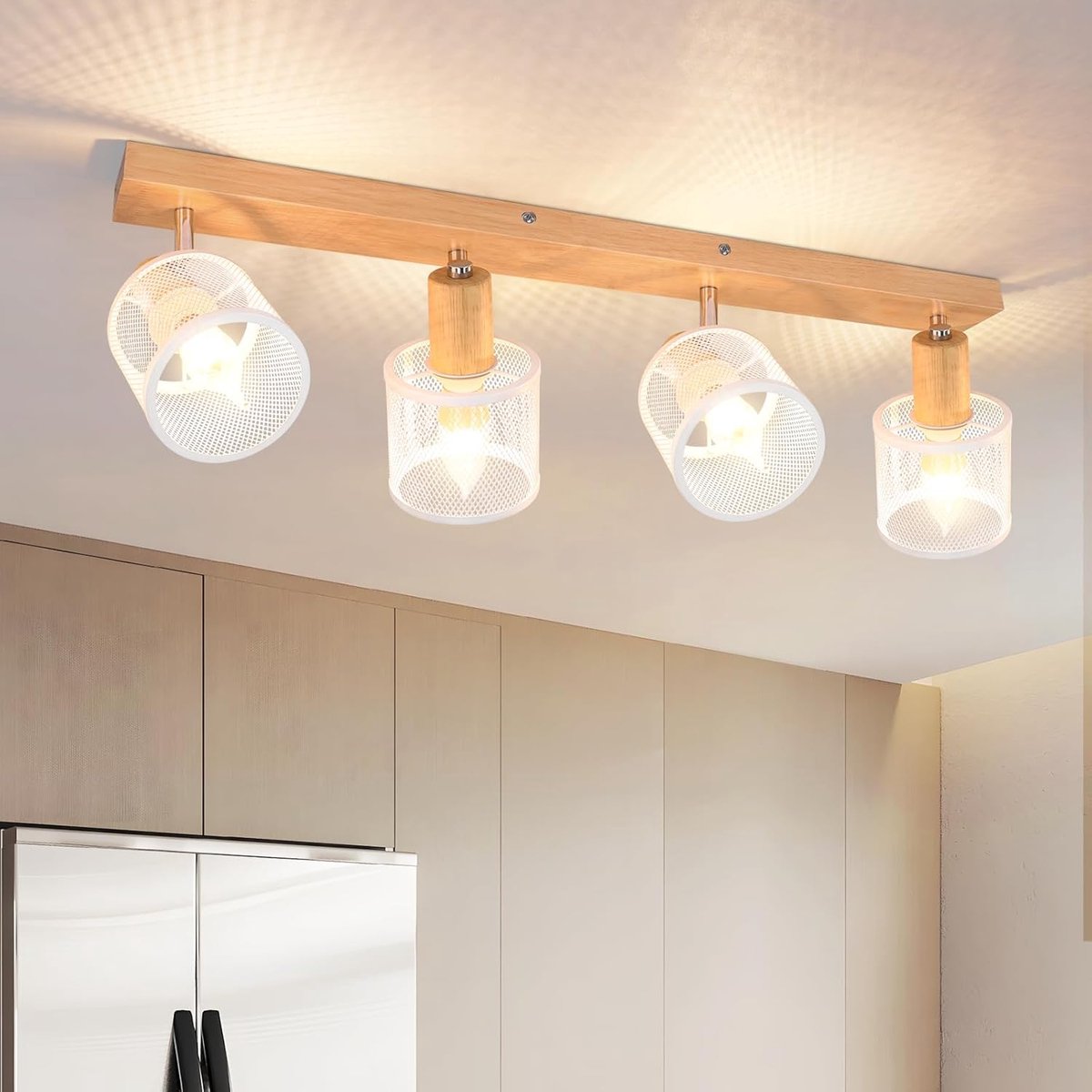Glitzerlife - Plafondspot Plafondlamp - Retro - opbouwspots - 4xE14 fitting - zwenkbaar 350° gedraaid - IJzer en hout - Ø60cm - Wit