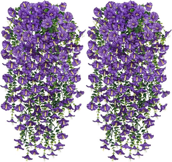 Twee bosjes paarse hangbloemen met gele accenten, tegen een witte achtergrond.