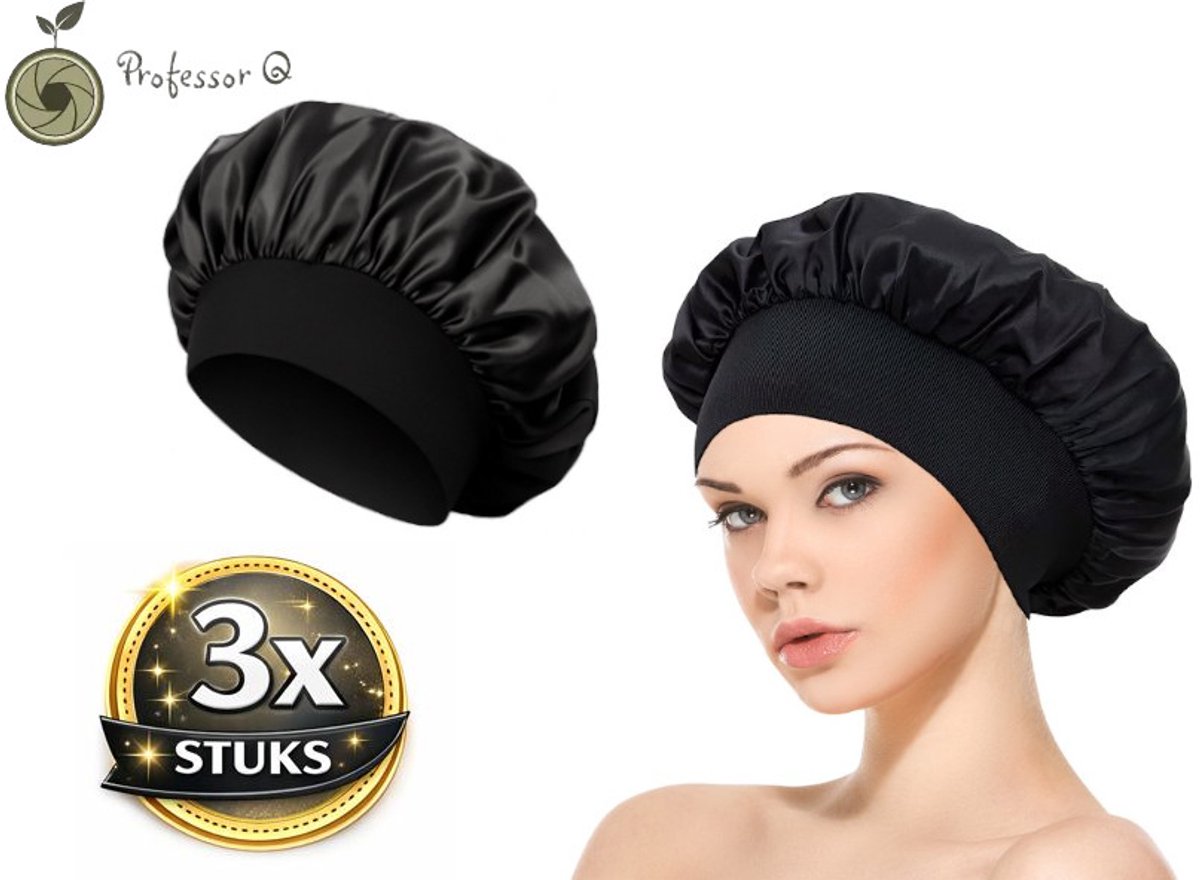Professor Q Satijnen Slaapmuts - Slaapmuts - Satijn - Volwassenen - Dames - Satin Bonnet - Satijnen Bonnet - Met elastiek - Zwart - 3 stuks