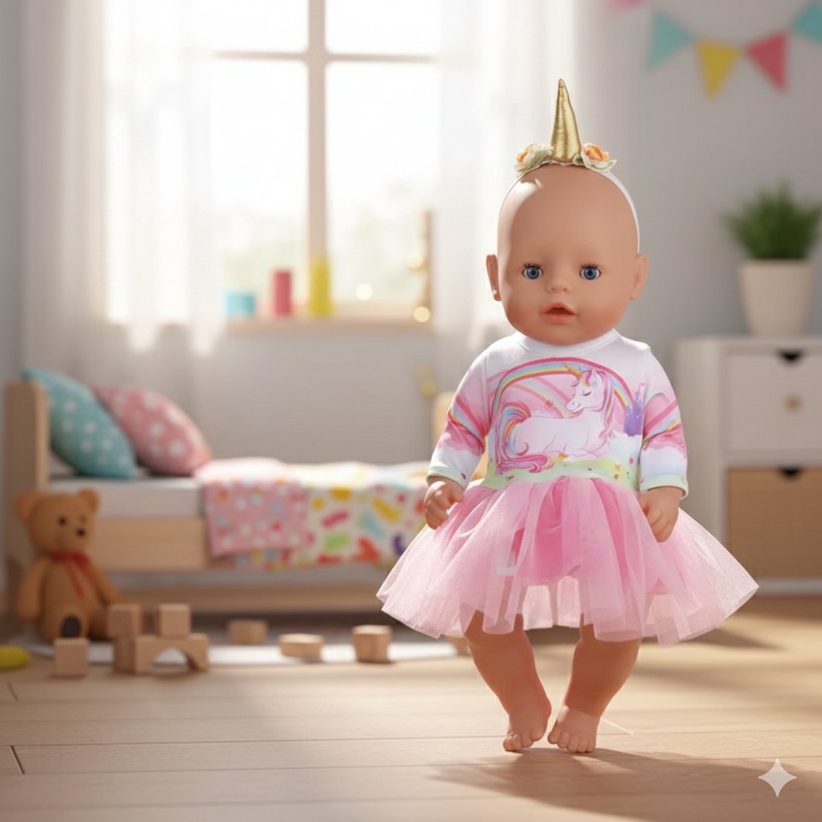 Unicorn Tule Jurk Roze – “Geschikt voor Baby Born” -Poppenjurk met Eenhoorn Design - Accessoire en kleertjes voor je 36 + 43 cm BabyBorn Pop