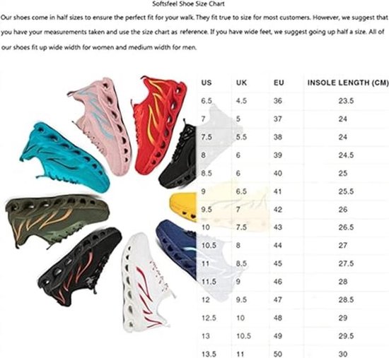 Overzicht van beschikbare kleuren sneakers: groen, geel, roze, blauw, rood, zwart, wit en donkerblauw, met een maattabel.