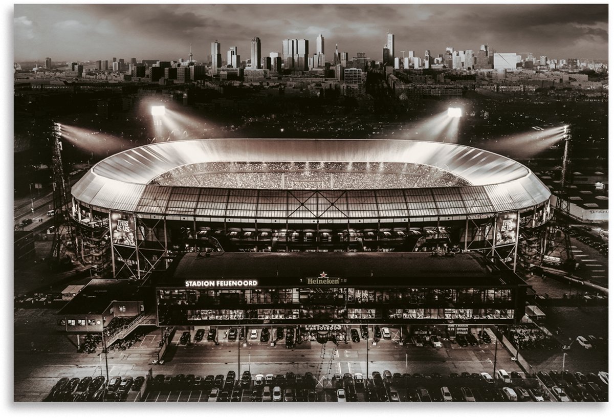 Schilderij Woonkamer - Canvas Stadion Feijenoord De Kuip Rotterdam No6 - Zwart wit- 90 x 60 cm