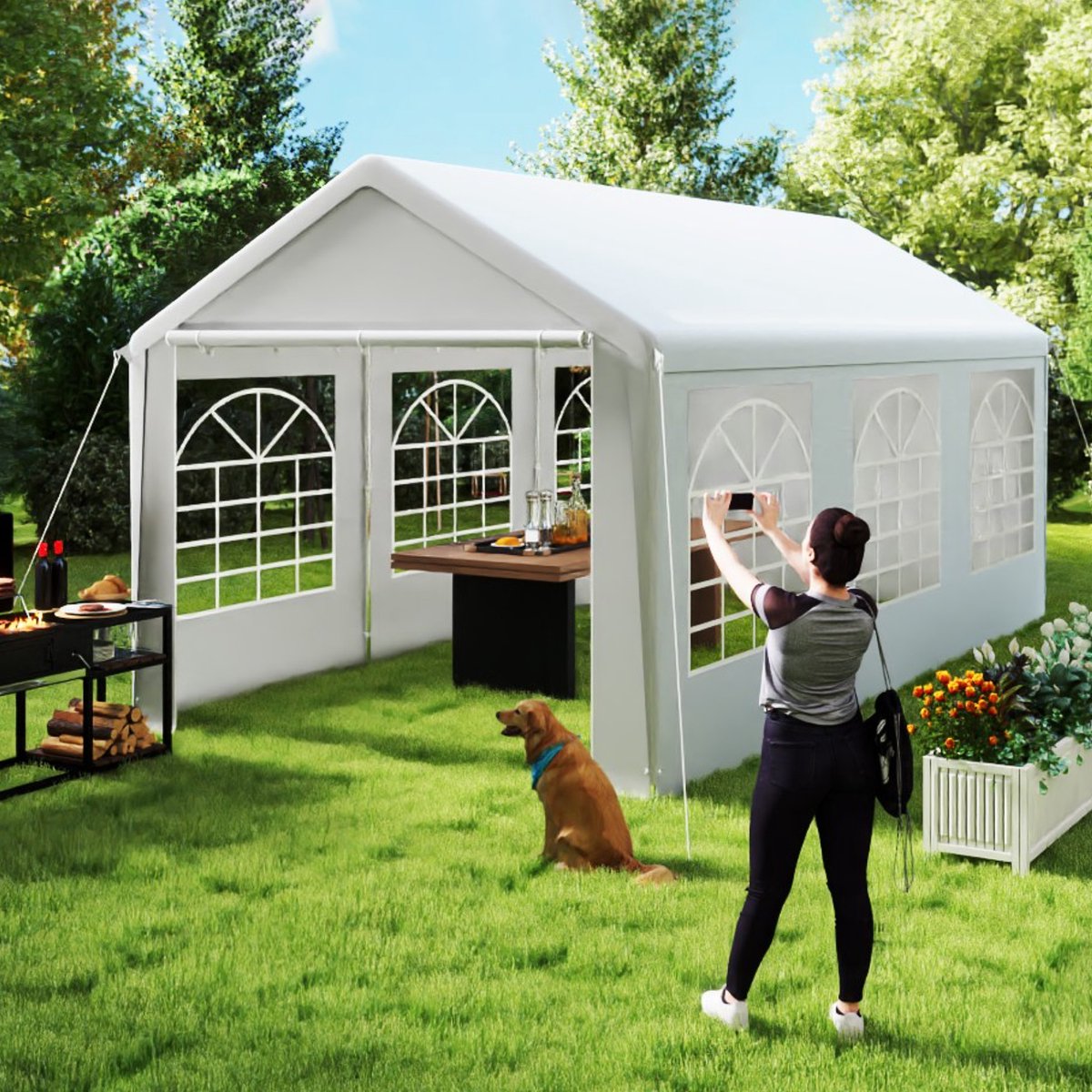 Aufun Paviljoen 3x6m - Wit - Metaal Tuinpaviljoen Met Zijpanelen, Partytent Tuintent voor Feest, Marktkraam & Buiten Camping