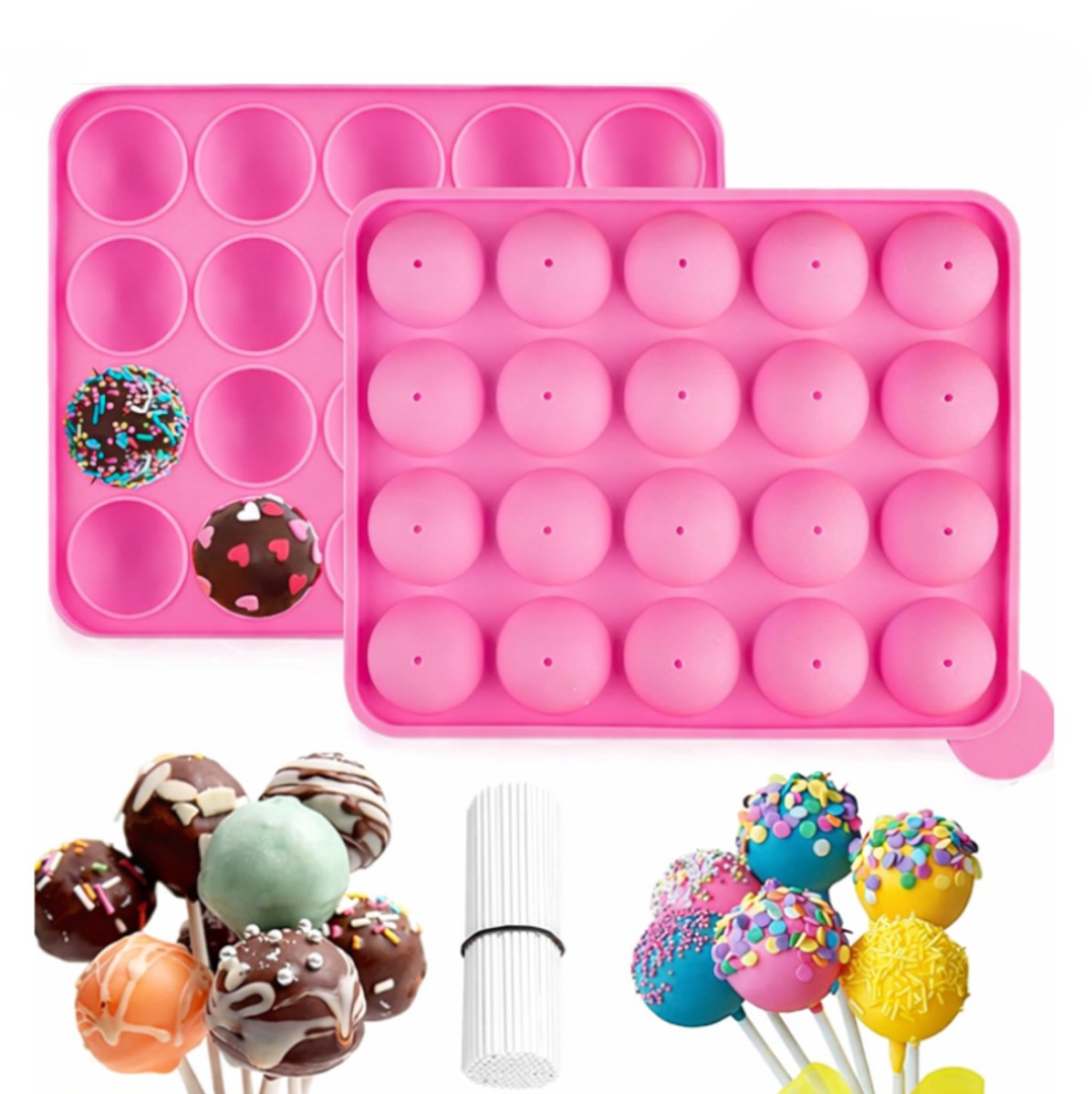 Lollyvorm - Cakevorm - Bakvorm - Taartvorm - Vorm met 20 gaatjes - Siliconen - Roze