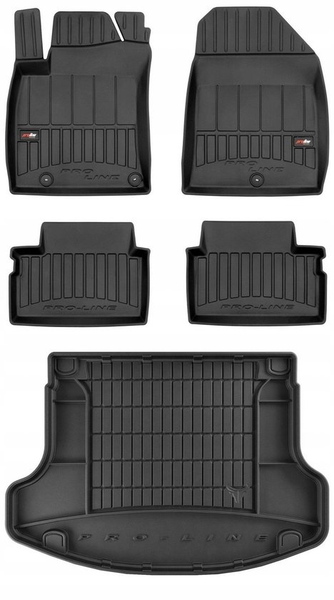 Ensemble de quatre tapis de sol et un tapis de coffre noirs avec logo 'PRO-LINE'.