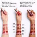 L'Oréal Paris Hyaluron Tint Lipstains: een collage van handen met verschillende tinten lipstains en testers op armen.