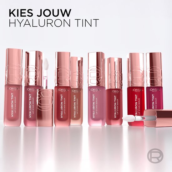 Diverse L'Oréal Paris Hyaluron Tint Lipstains in roségouden verpakking.