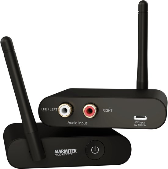 Zwarte Marmitek audio receiver met antenne en audioconnectoren.