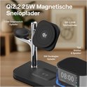 Qi2.2 25W magnetische snellader met 1-3W smartwatch oplader, 5W oordopjes oplader, en tijd/wekker/speaker.