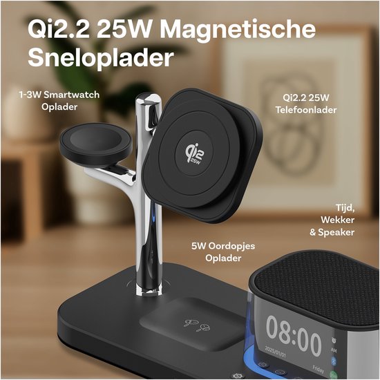 Qi2.2 25W magnetische snellader met 1-3W smartwatch oplader, 5W oordopjes oplader, en tijd/wekker/speaker.