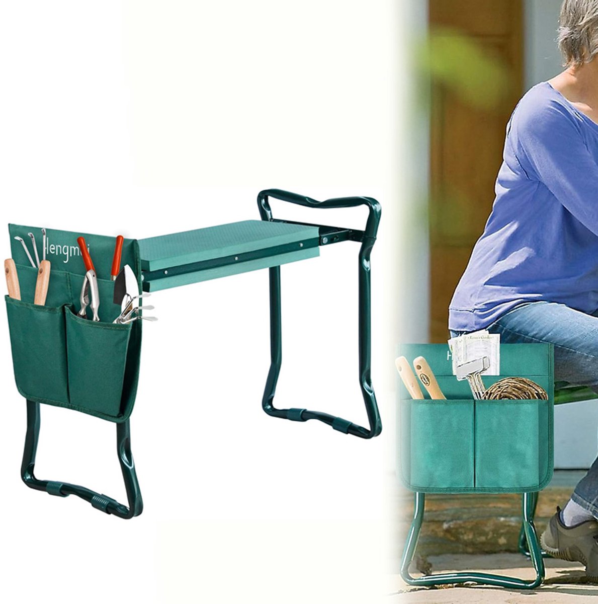 Aufun 2-In-1 Opvouwbare Tuinkruk - Afmetingen 60 X 50 X 28 Cm - Groen - Draagvermogen 150 Kg - Eva-Schuimrubberen Voering - Opvouwbaar Ontwerp - Inclusief 2 Gereedschapszakken - Geschikt Voor Tuinklusjes, Voor Gebruik Binnen En Buiten