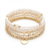 Set van 5 elastische armbanden voor dames met wit- en goudkleurige kralen en ronde bedel – dames armbanden set