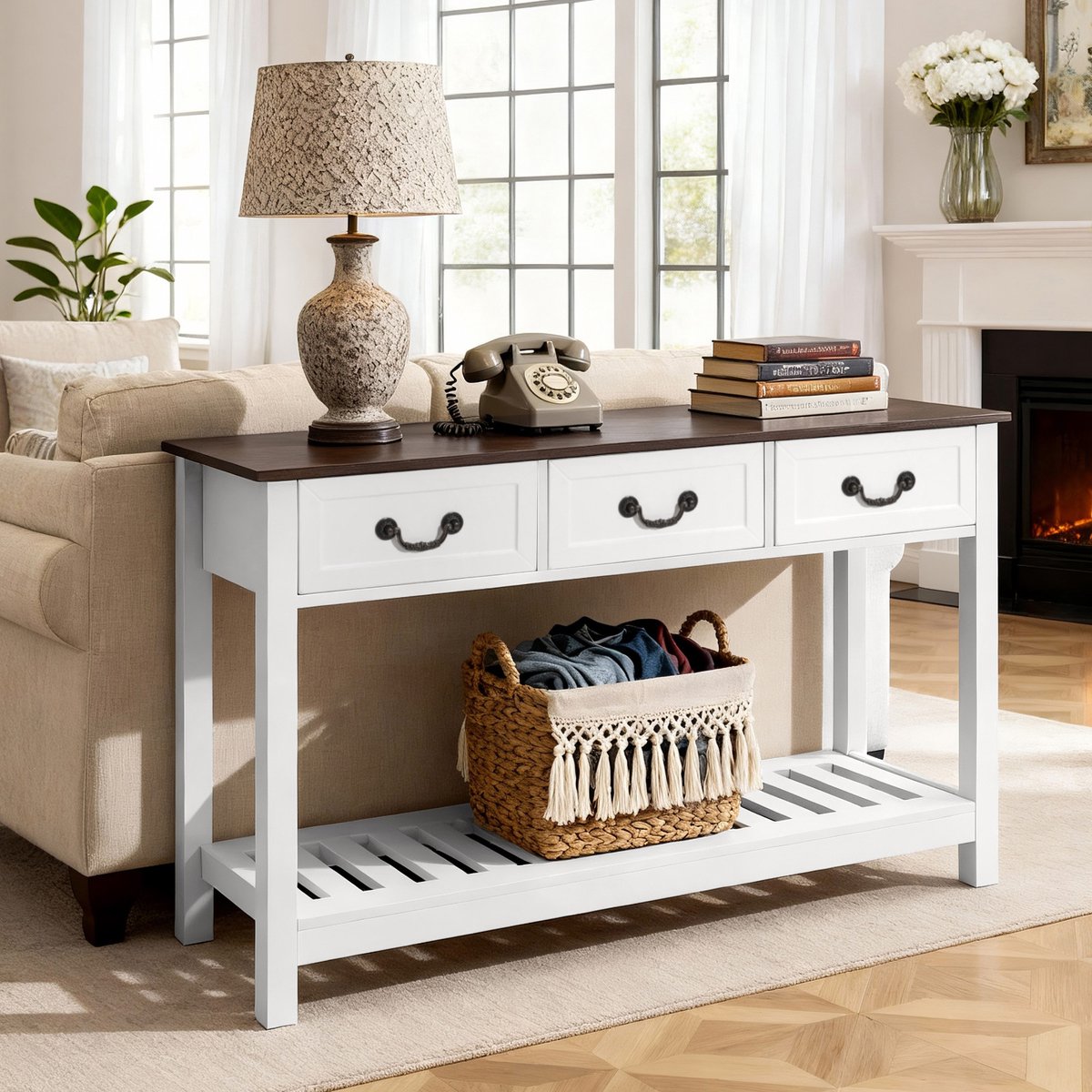 Vevor Consoletafel/Salontafel met Lades en Opbergvak, Smalle Rechthoekige Entreetafel van MDF + Spaanplaat voor Hal, Slaapkamer, Woonkamer, Entree, Gangtafel 120x30x80CM Bruin + Wit Wit ； Bruin