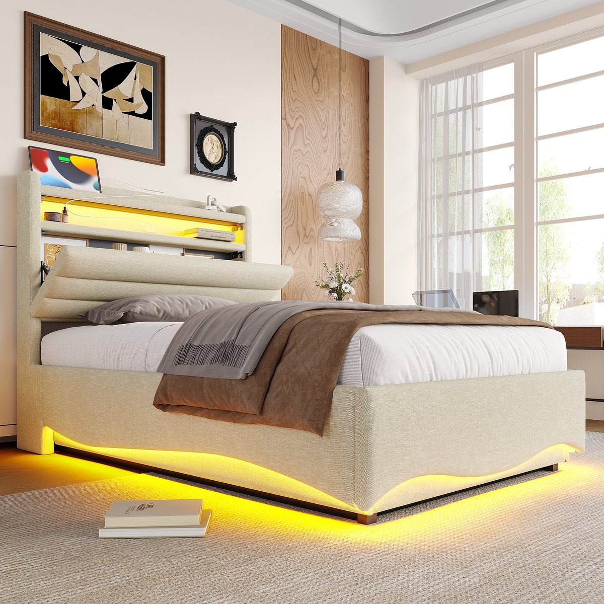 Merax Gestoffeerd bed 90 x 200 cm - met LED-verlichting - met USB- en Type-C-aansluiting - met opbergruimte - zonder matras - beige
