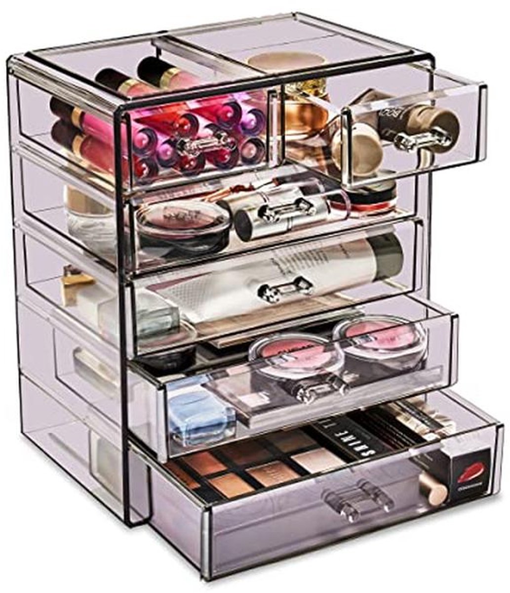 Grote Paarse Make-up en Juwelen Opbergdoos met 4 Grote en 2 Kleine Lades - Stijlvolle Acryl Organizer voor Badkamer en Vanities