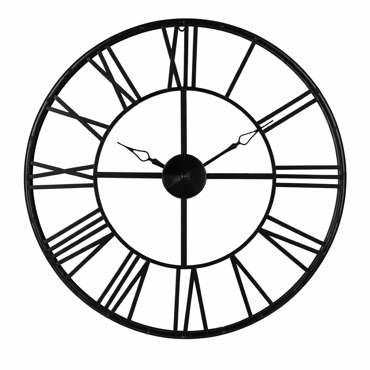 Metalen Ronde Vintage Wandklok Ø 69 cm Zwart – Grote Industriële Open Wijzerplaat met Romeinse Cijfers – Minimalistisch Skelet Design – Statement Muurklok voor Woonkamer, Keuken, Hal & Kantoor – Zwart
