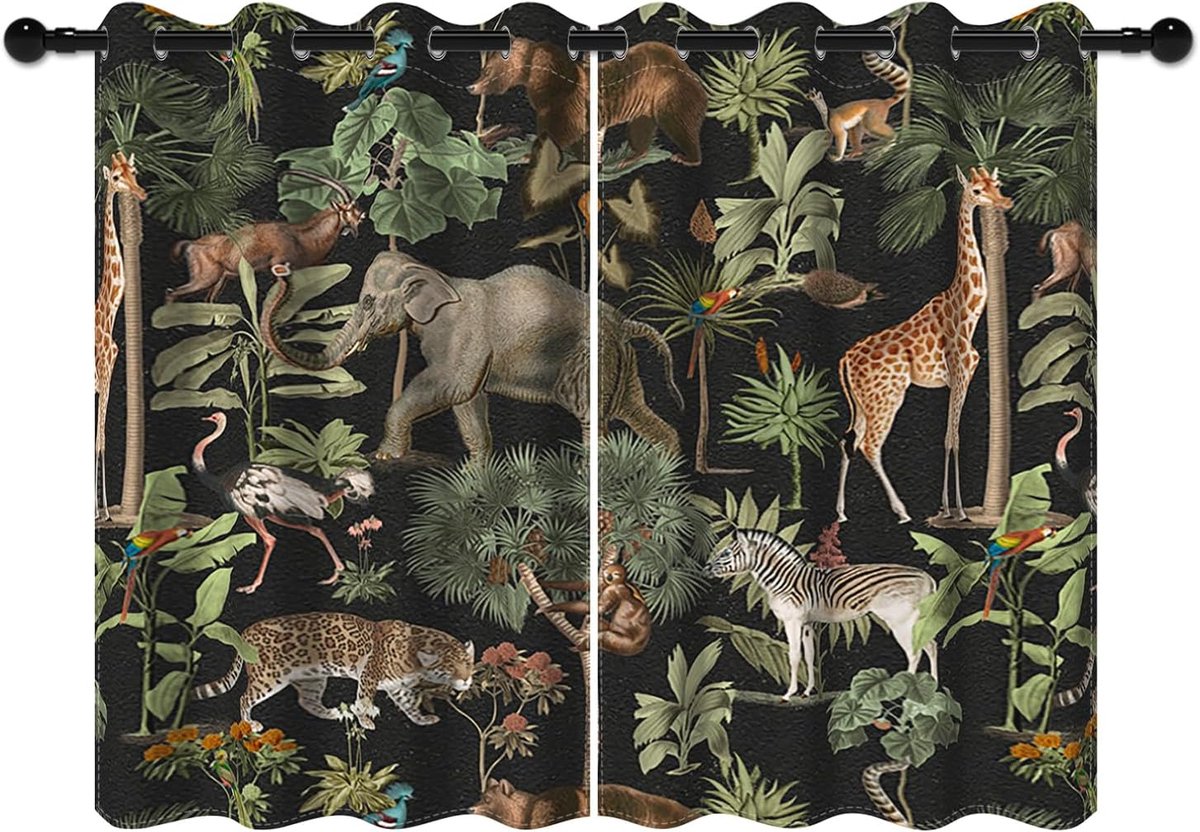 Famanu Verduisterende Gordijnen Jungle Olifant Giraffe Wild Safari Groen Bos voor Woonkamer Slaapkamer Raam Gordijnen 2 Panelen Set met Gaten groente