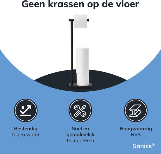Zwarte vrijstaande toiletrolhouder met 1 rol bovenop en 3 reserve rollen. Waterbestendig, makkelijk te monteren, hoogwaardig RVS.