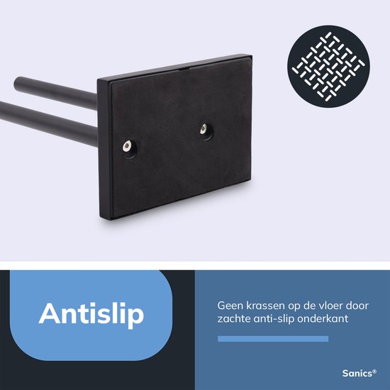 Close-up van de onderkant van de zwarte toiletrolhouder, met zachte antislip onderkant.