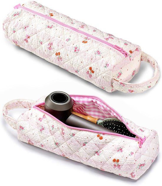 Travel Case Tas – Opbergtas voor föhn – Toilettas – 36 x 12,5 x 8 cm – Bloemenprint – Geschikt voor Dyson&Shark Flexstyle & Airwrap – Grote Capaciteit – Reis Organizer – Roze/Wit