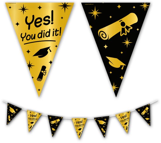 BTH - Slingers - Yes! You Did It! - Goud en Zwart - Geslaagd Versiering - Slinger - Vlaggenlijn - Geslaagd Cadeaus - 1 St