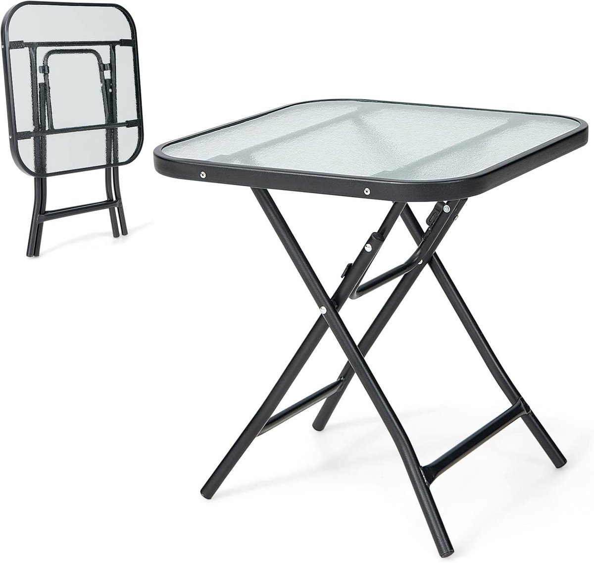 KOMFOTTEU Tuintafel, inklapbaar, bistrotafel met glazen blad en metalen frame, ronde zijtafel, voor balkon, terras (vierkant, 46,5 x 46,5 x 47,5 cm (l x b x h)