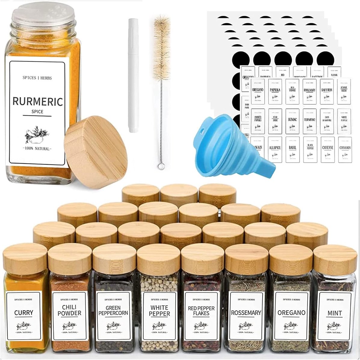Famanu - Kruidenpotjes - Set van 25 - Glas - Met bamboedeksels en etiketten - 120 ml
