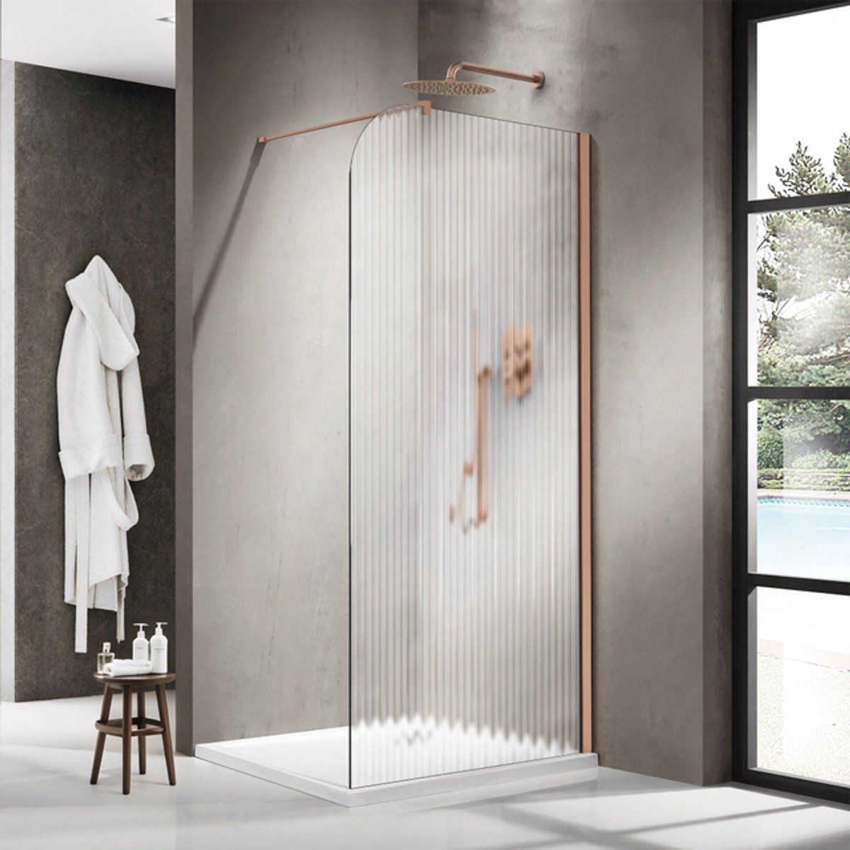 FugaFlow Eccelente Vetro Inloopdouche - 140x200cm - afgeronde glaswand - rechts - ribbel glas - wandarm - geborsteld koper (Koper)
