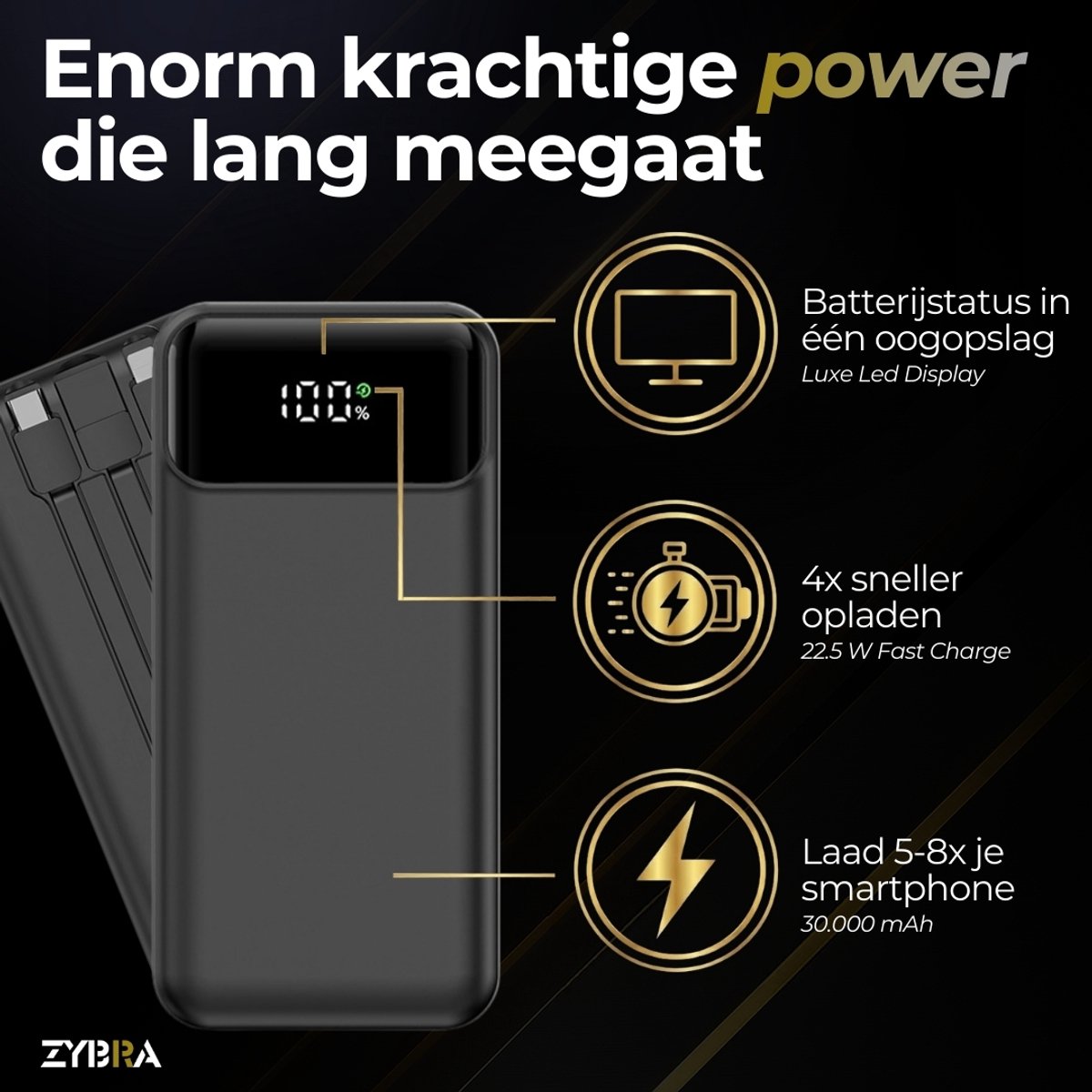 Zybra® Powerbank 30000 mAh Snellader met Ingebouwde Kabels - afbeelding 3