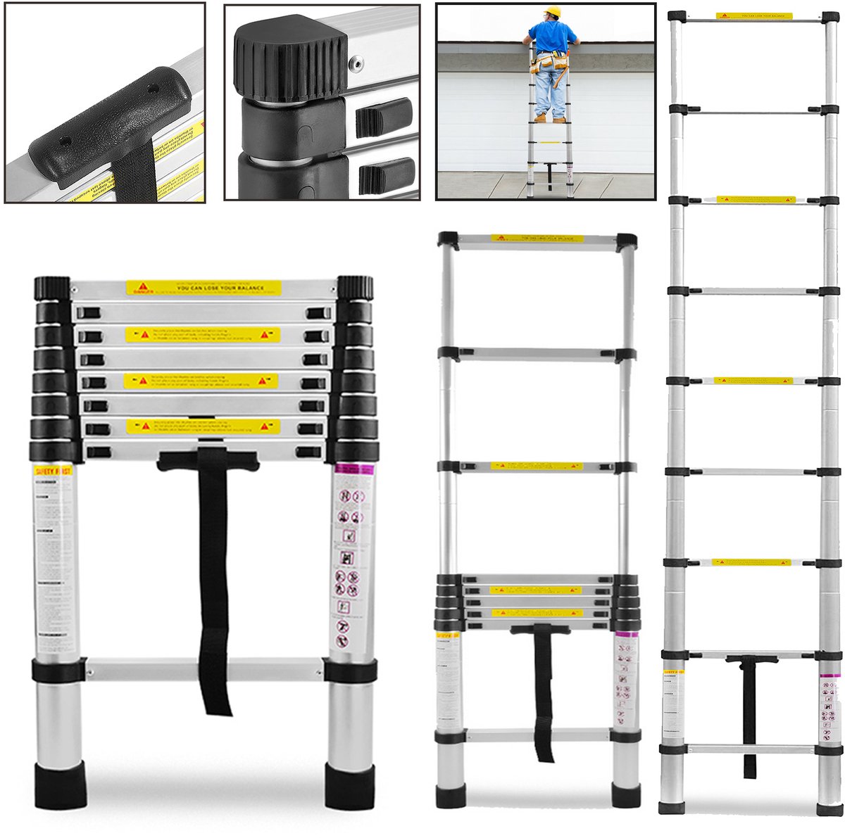 Froadp 2,6 m telescopische ladder aluminium multifunctionele ladder multifunctionele ladder antislip ladder stepladder klapladder ladder 150 kg draagvermogen 9 sporten zilver