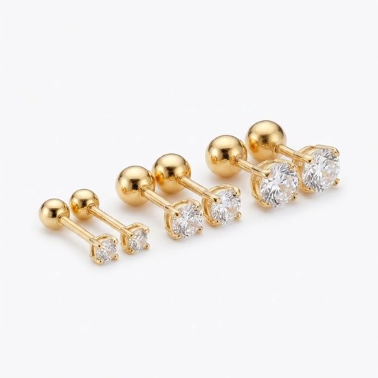 Set de 3 paires de boucles d'oreilles clous couleur or pour femme - Avec pierres rondes transparentes de tailles croissantes de boucles d'oreilles - Clous intemporels avec une finition brillante