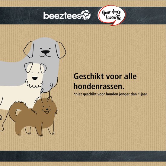 Illustratie van drie honden en de tekst 'Geschikt voor alle hondenrassen. *niet geschikt voor honden jonger dan 1 jaar'.